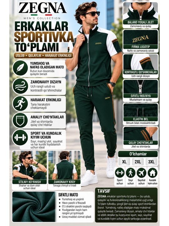 Zamonaviy kiyim to‘plami, kalta yengli, erkaklar uchun, Zegna uslubida