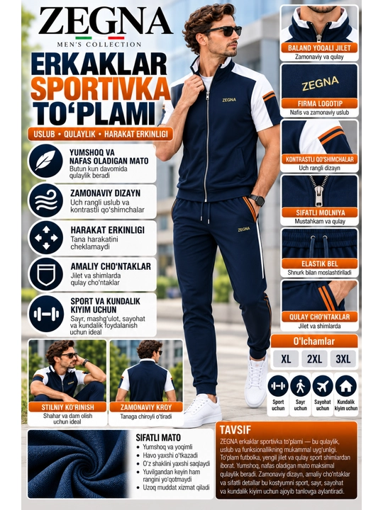 Zamonaviy kiyim to‘plami, kalta yengli, erkaklar uchun, Zegna uslubida