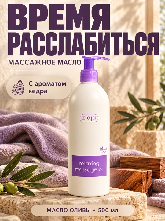Массажное масло для тела Ziaja расслабляющее, с оливковым маслом и ароматом кедра, 500 мл