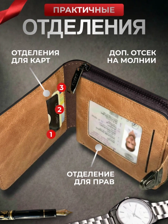 Кожаный кошелек - портмоне для карт, документов и денег