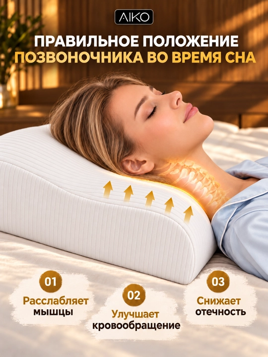 Подушка ортопедическая AIKO Memory Foam, с эффектом памяти, анатомическая, для сна