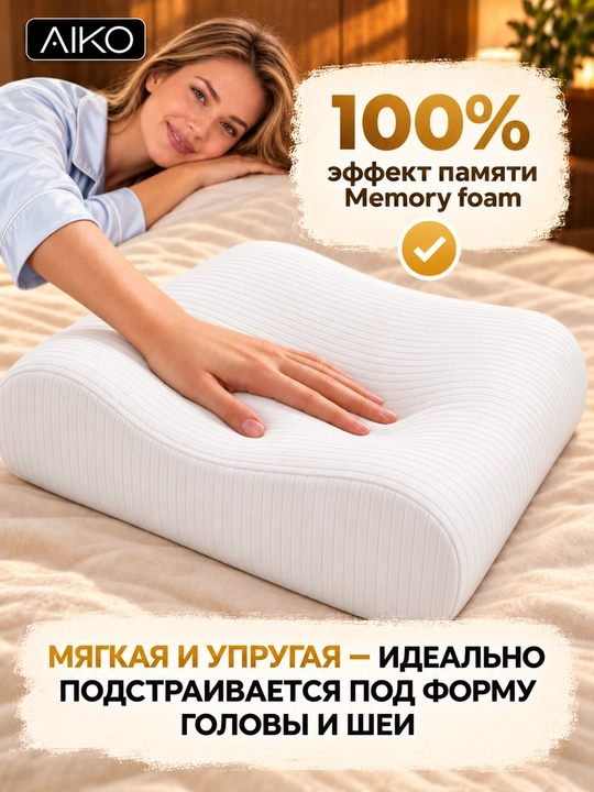 Подушка ортопедическая AIKO Memory Foam, с эффектом памяти, анатомическая, для сна