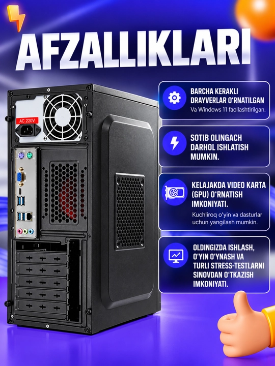 Tayyor kompyuter to‘plami, o‘yin va ofis uchun DDR 8GB RAM, korpus + monitor, 100% tayyor