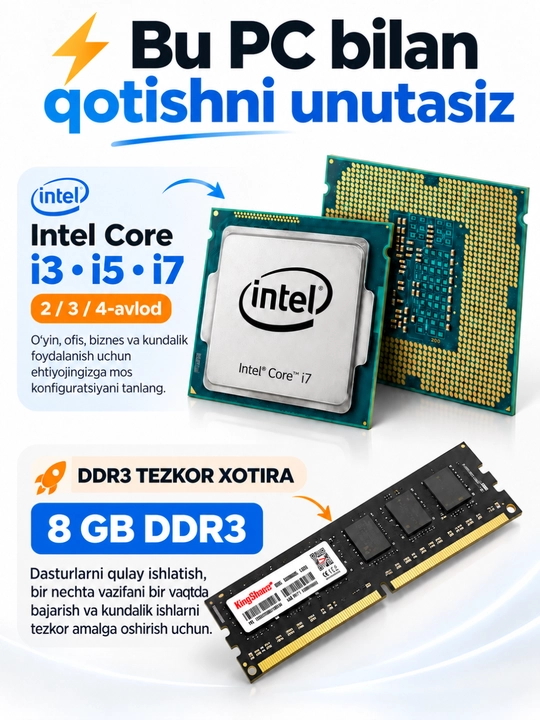 Tayyor kompyuter to‘plami, o‘yin va ofis uchun DDR 8GB RAM, korpus + monitor, 100% tayyor