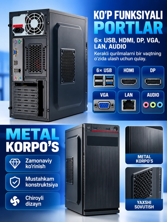 Tayyor kompyuter to‘plami, o‘yin va ofis uchun DDR 8GB RAM, korpus + monitor, 100% tayyor