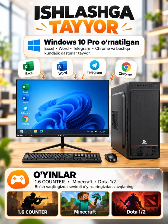 Tayyor kompyuter to‘plami, o‘yin va ofis uchun DDR 8GB RAM, korpus + monitor, 100% tayyor