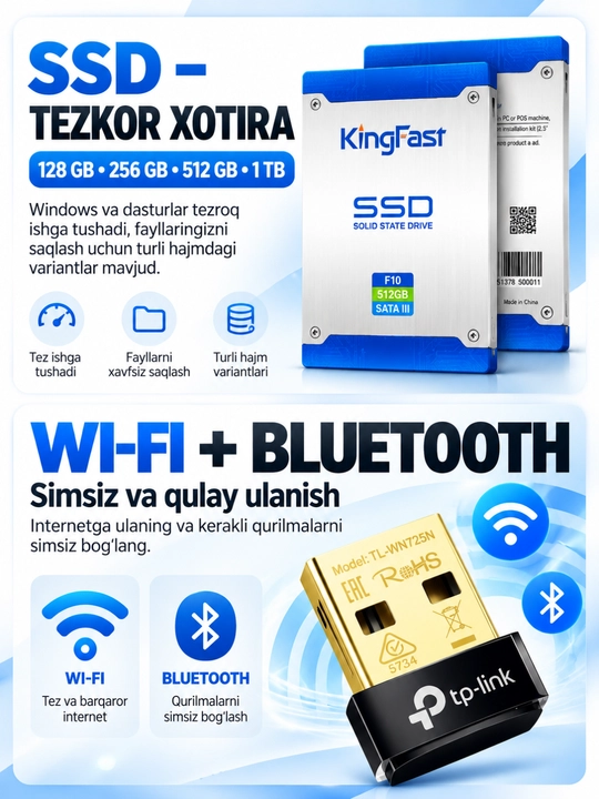 Tayyor kompyuter to‘plami, o‘yin va ofis uchun DDR 8GB RAM, korpus + monitor, 100% tayyor