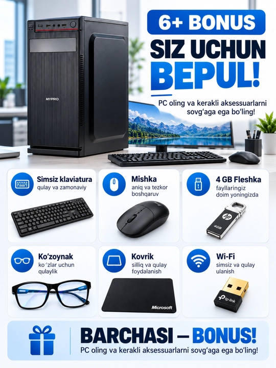 Tayyor kompyuter to‘plami, o‘yin va ofis uchun DDR 8GB RAM, korpus + monitor, 100% tayyor