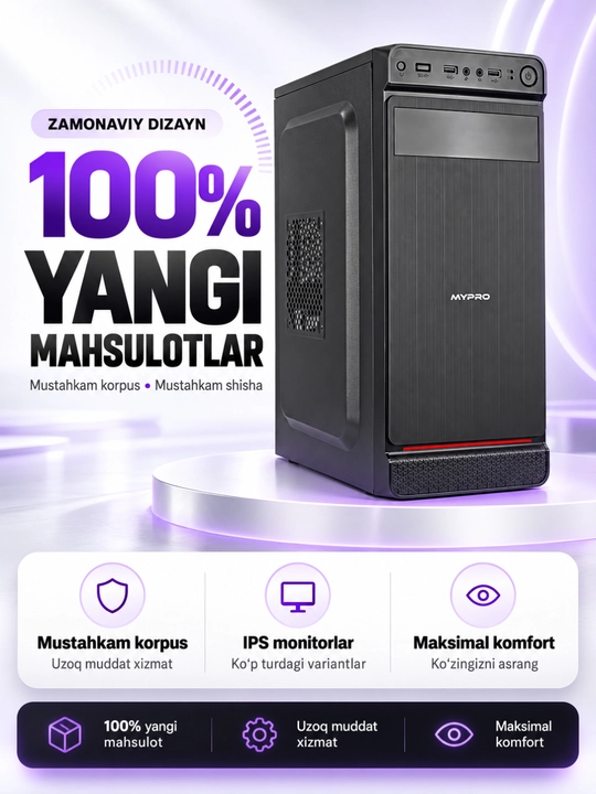 Tayyor kompyuter to‘plami, o‘yin va ofis uchun DDR 8GB RAM, korpus + monitor, 100% tayyor