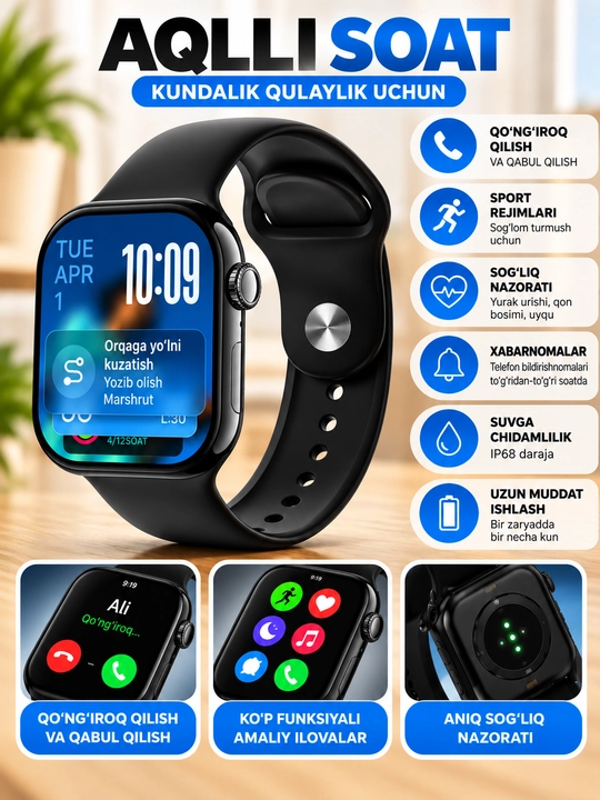 Aqlli soat, 2.07 dyuymli ekran, Bluetooth qo‘ng‘iroqlar, IP68, qora - 