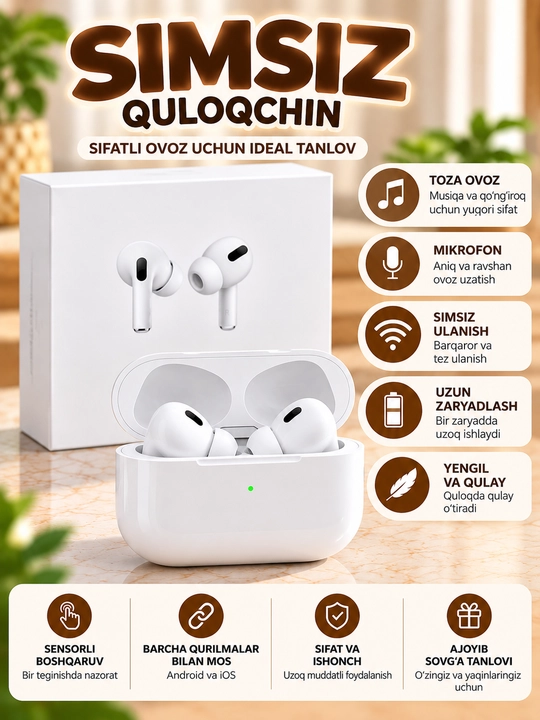 Simsiz Bluetooth quloqchinlar, mikrofonli, silikon uchli, zaryadlash qutisi bilan - 