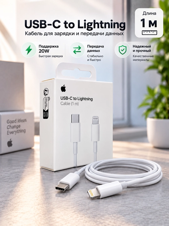 USB-C dan Lightning ga kabel, iPhone uchun quvvatlash va ma'lumot uzatish, 1 m - 