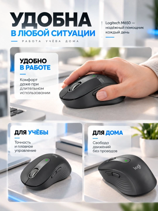 Мышка беспроводная Logitech M650, Bluetooth, USB-приёмник, 4000 DPI