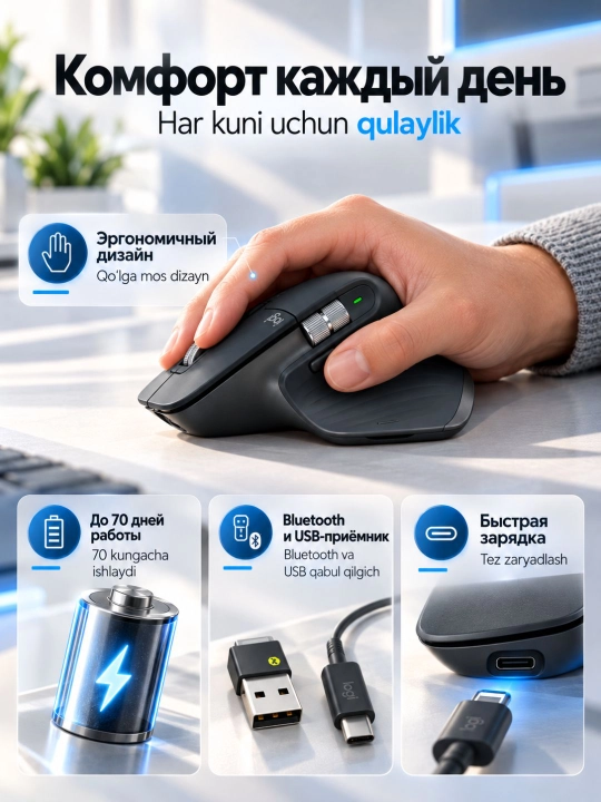 Мышка беспроводная Logitech MX Master 3S, 8000 DPI, Bluetooth, 141 г