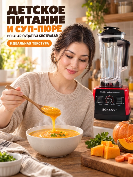 SOKANY SK-666 blender, 5000 Vt, 2.5 l, 9 tezlik, maydalagich qo‘shimchasi bilan