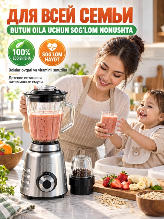 SOKANY SK-03048 blender, 800 Vt, 1.5 l shisha idish, 4 tezlik, 2in1
