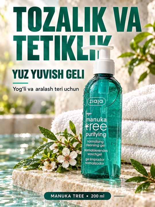Yuz yuvish geli Ziaja Manuka Tree yog‘li va aralash teri uchun, nuqsonlarga qarshi, 200 ml