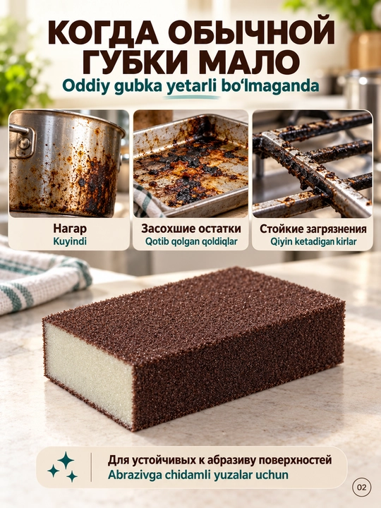 Губка для посуды и уборки кухни, абразивная, для удаления нагара, чистки кафеля и раковины