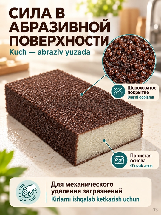 Губка для посуды и уборки кухни, абразивная, для удаления нагара, чистки кафеля и раковины