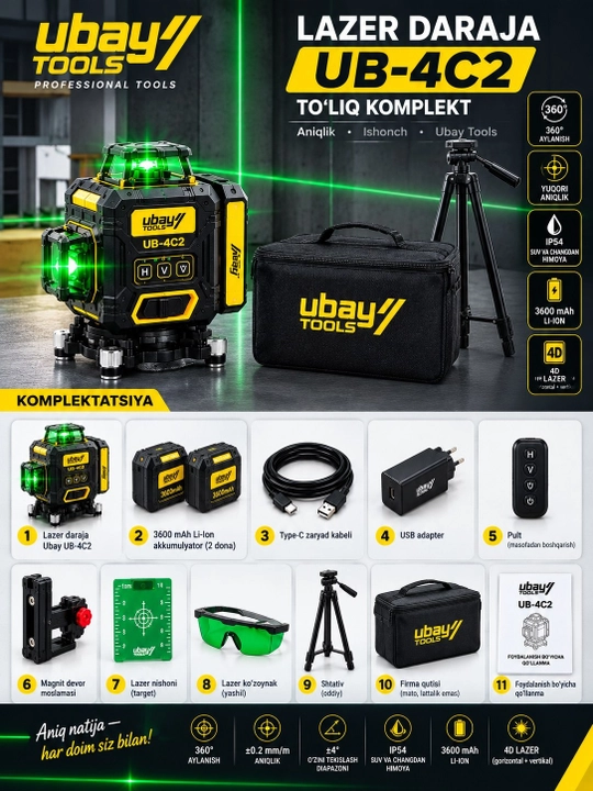 UBAY 4D 16 chiziqli lazerli nivelir,lazer shtativ bilan,lazerniy uroven,lazer professional