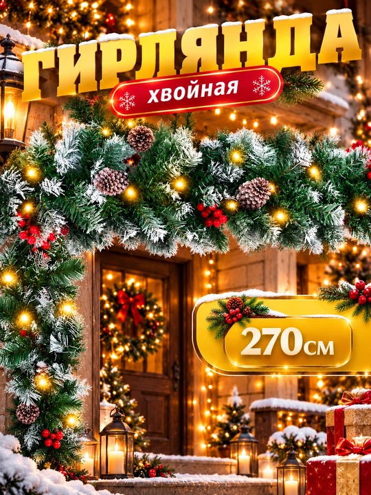 Гирлянда еловая искусственная, 270 см, 200 веток, зеленый новогодний декор - 