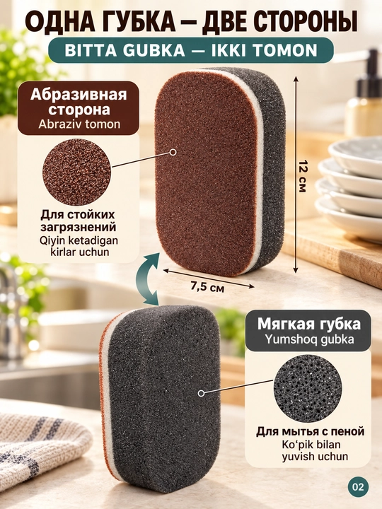 Губка для посуды и уборки кухни, абразивная, для удаления нагара, чистки кафеля и раковины