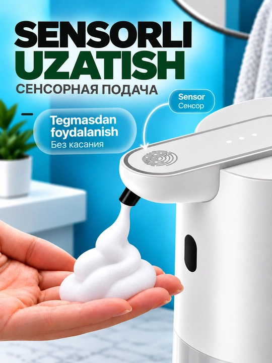 Hammom va oshxona uchun devorga o‘rnatiladigan, teginishsiz ko‘pikli sovun dispenseri