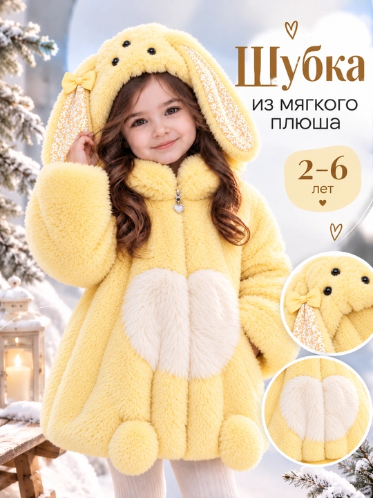 Qizlar uchun eko-mo‘ynadan, yumshoq va issiq, kuz-qish, 2-6 yosh uchun po‘stin - 