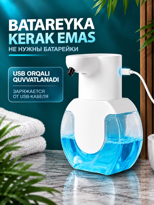 Hammom va oshxona uchun devorga o‘rnatiladigan, teginishsiz ko‘pikli sovun dispenseri