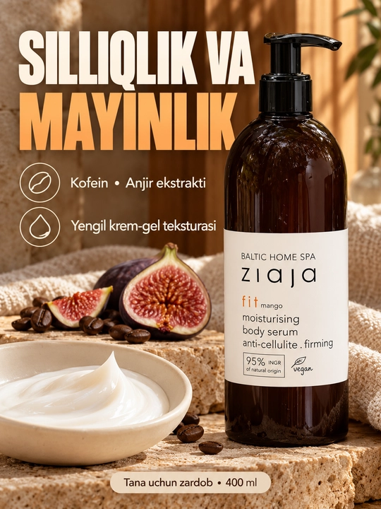 Tana uchun zardob (serum) Ziaja Baltic Home Spa Fit, namlantiruvchi, kofeinli, 400 ml