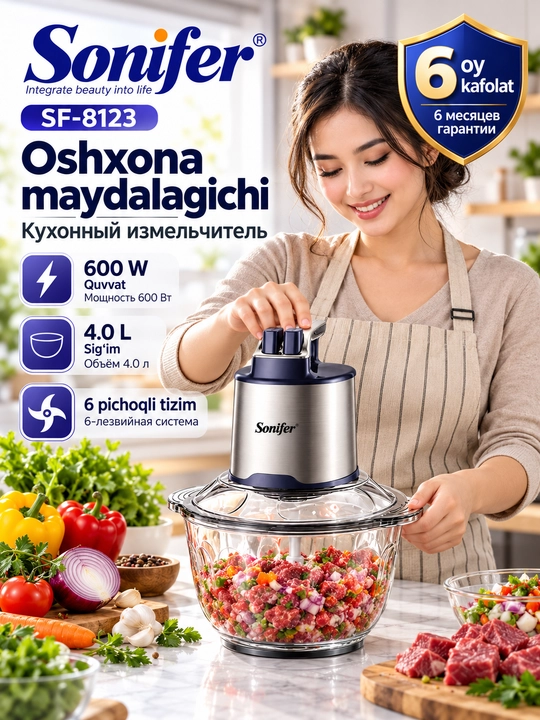 SONIFER SF-8123 elektr go‘sht maydalagich, go‘sht qiymalagich, oshxona uchun