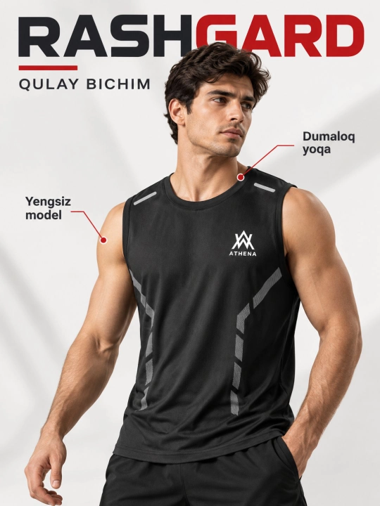 Erkaklar uchun sport maykasi, yengsiz, zal, fitnes va mashg‘ulotlar uchun, tez quriydigan