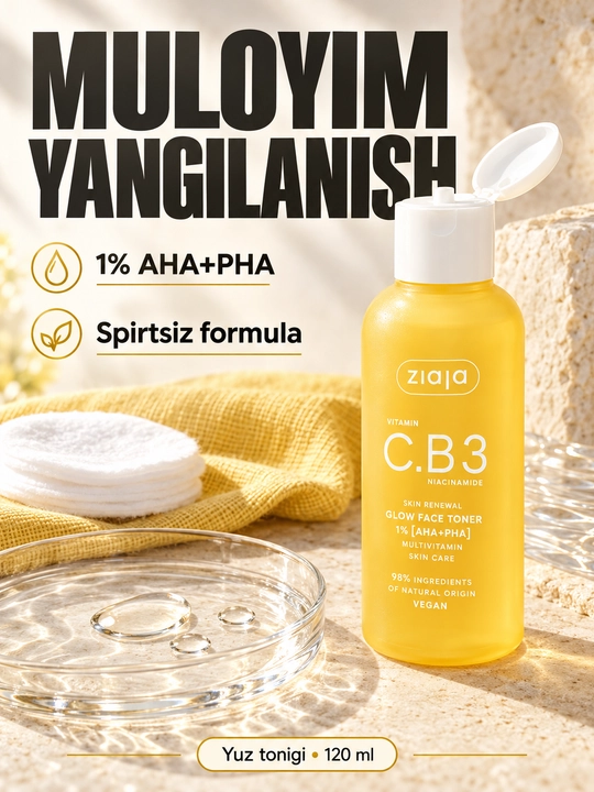 Yuz uchun tonik Ziaja Vitamin C.B3 Glow, AHA+PHA kislotali, yorqinlik uchun, 120 ml