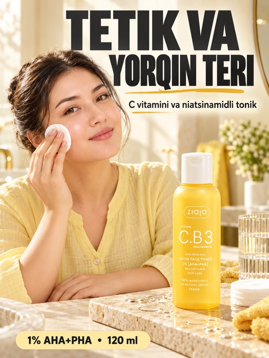 Yuz uchun tonik Ziaja Vitamin C.B3 Glow, AHA+PHA kislotali, yorqinlik uchun, 120 ml