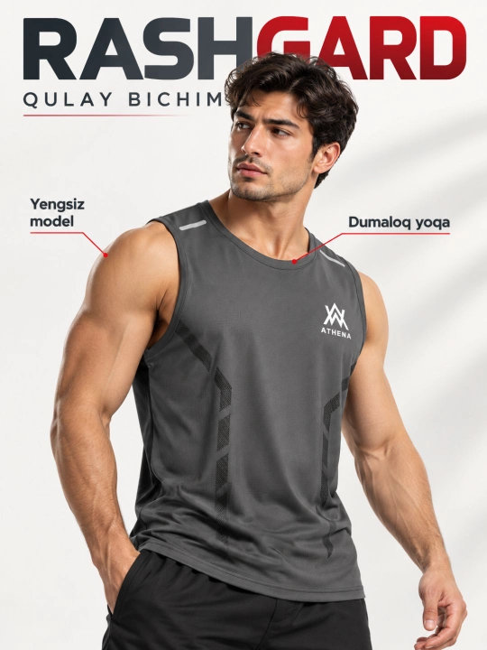 Erkaklar uchun sport maykasi, yengsiz, zal, fitnes va mashg‘ulotlar uchun, tez quriydigan