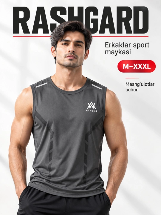 Erkaklar uchun sport maykasi, yengsiz, zal, fitnes va mashg‘ulotlar uchun, tez quriydigan