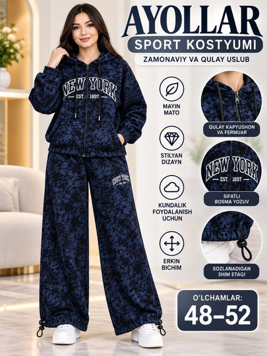 Ayollar uchun NEW YORK yozuvli kapyushonli velyur sport kostyumi, keng shimli