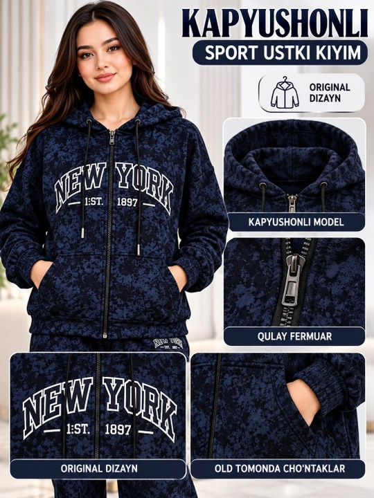 Ayollar uchun NEW YORK yozuvli kapyushonli velyur sport kostyumi, keng shimli