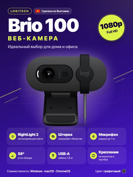 Logitech BRIO 100 1080p Full HD Webcam - 