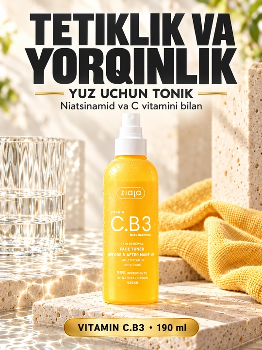 Yuz uchun tonik Ziaja Vitamin C.B3 niatsinamidli, xira va rangi notekis teri uchun, 190 ml - 