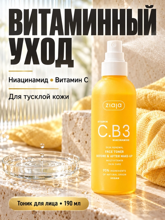 Yuz uchun tonik Ziaja Vitamin C.B3 niatsinamidli, xira va rangi notekis teri uchun, 190 ml