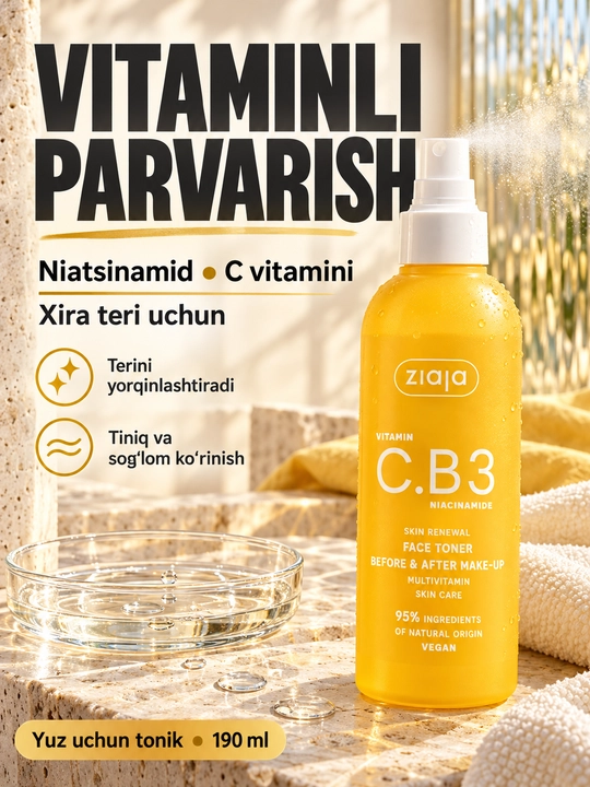 Yuz uchun tonik Ziaja Vitamin C.B3 niatsinamidli, xira va rangi notekis teri uchun, 190 ml