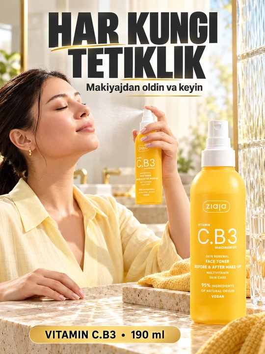 Yuz uchun tonik Ziaja Vitamin C.B3 niatsinamidli, xira va rangi notekis teri uchun, 190 ml