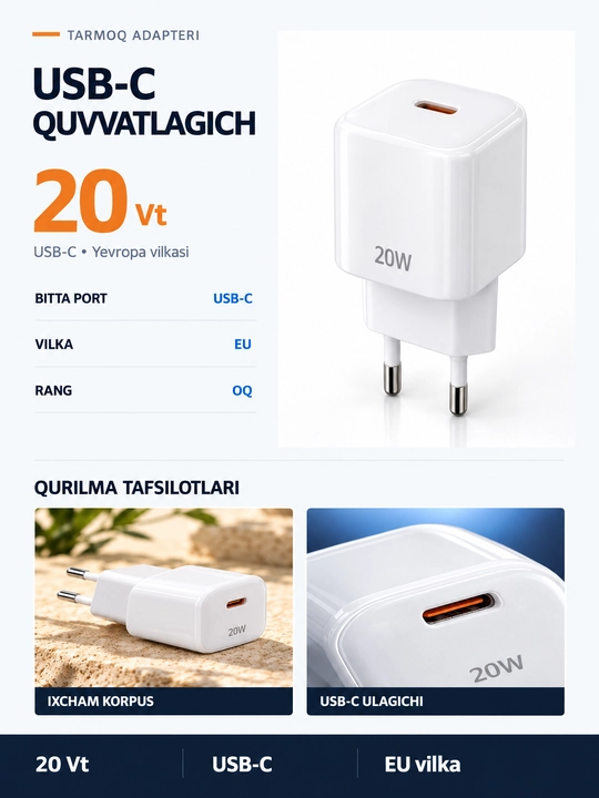 Зарядное устройство WiWU Wi-G014 GaN, USB-C PD 20 Вт, сетевая зарядка, EU, белое