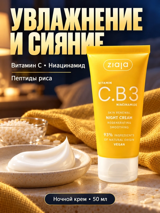 Tungi yuz kremi Ziaja Vitamin C.B3, niatsinamidli, tiklovchi, yorqinlik uchun, 50 ml