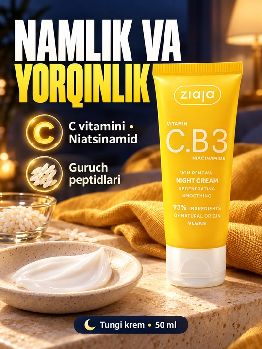 Tungi yuz kremi Ziaja Vitamin C.B3, niatsinamidli, tiklovchi, yorqinlik uchun, 50 ml