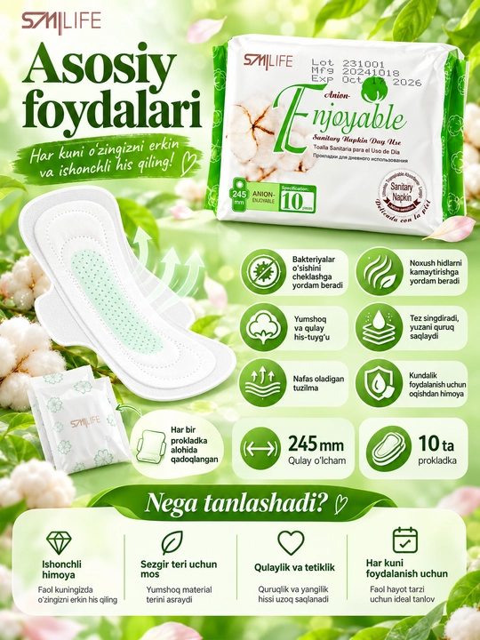 Ayollar uchun gigiyenik prokladkalar Enjoyable, kundalik, kunduzgi va tungi, 8/10/30 dona