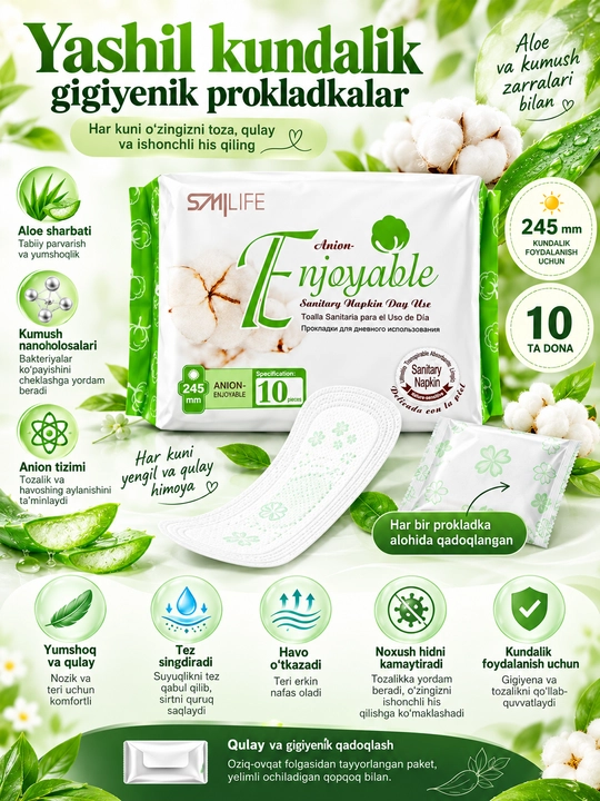 Ayollar uchun gigiyenik prokladkalar Enjoyable, kundalik, kunduzgi va tungi, 8/10/30 dona - 