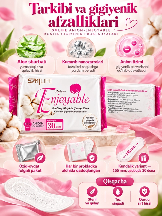 Ayollar uchun gigiyenik prokladkalar Enjoyable, kundalik, kunduzgi va tungi, 8/10/30 dona