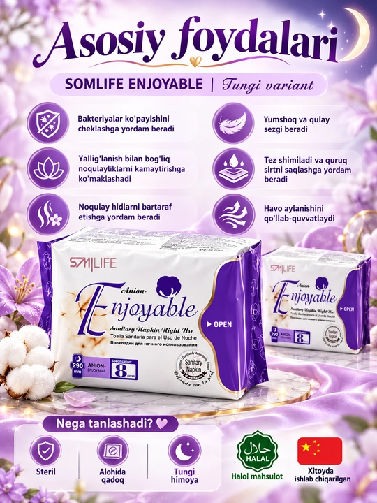 Ayollar uchun gigiyenik prokladkalar Enjoyable, kundalik, kunduzgi va tungi, 8/10/30 dona